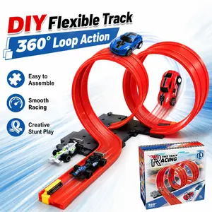 Race Car Track Set 1 Box | Bendable Dual Track for 1:64 Cars, 4 Random Cars + Suction Cups, Roll-Up Storage | DIY Blue Track for Wall/Desk | Racing, Hand-Eye, STEM Skills | Birthday Gift for Ages 3+ Boys Girls