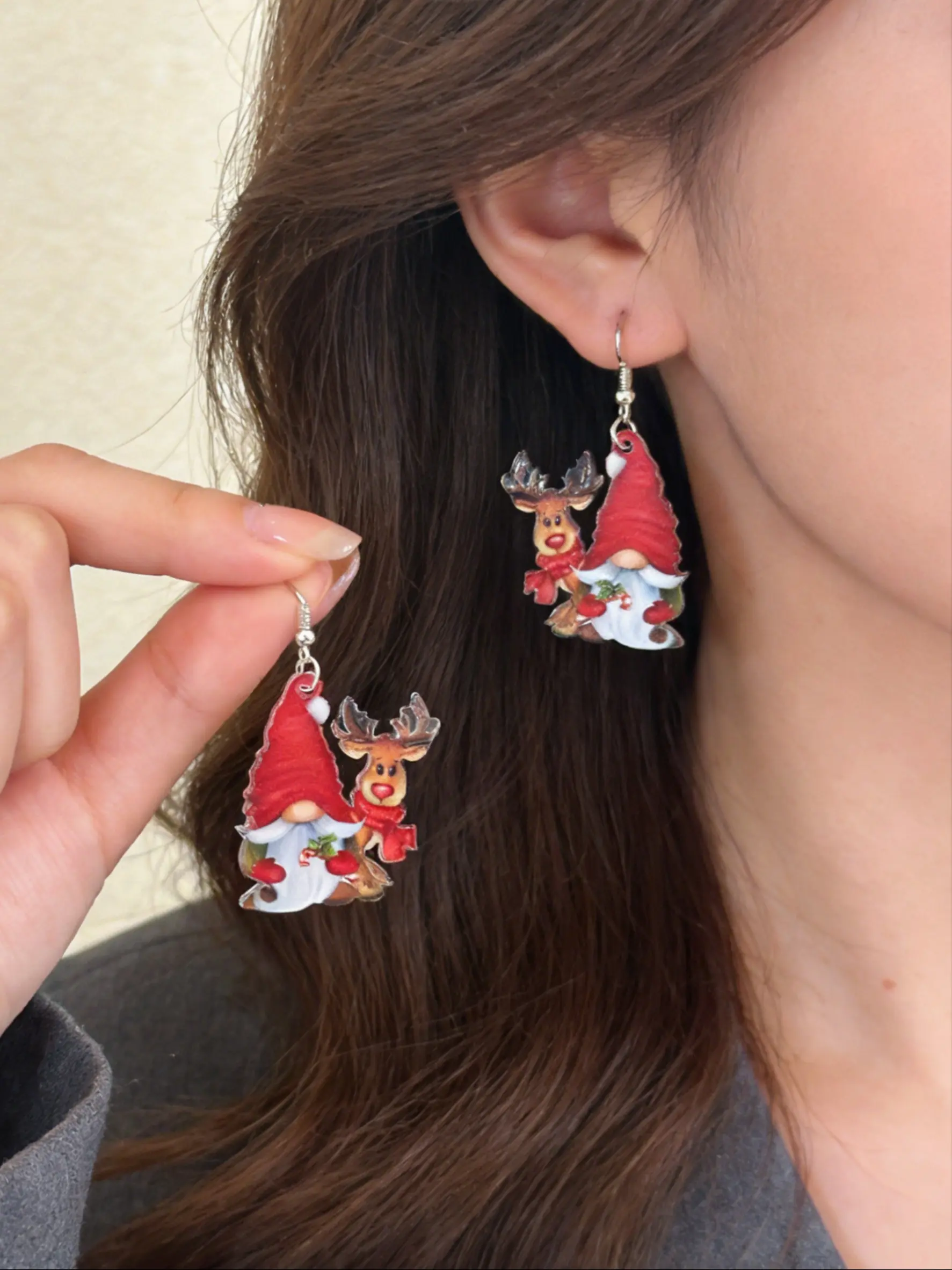 Christmas Dwarf Reindeer Acrylic Earrings, Festival Atmosphere, Copper Material, Cartoon Print Design, Lightweight, Versatile Ear Jewelry