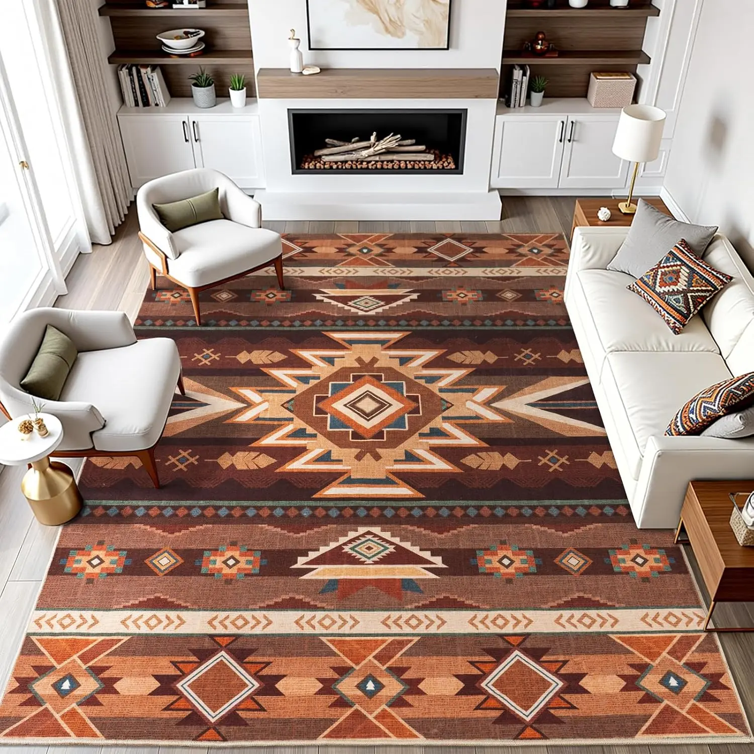 5x7  Rustic Aztec Area Rug for Living Room Bedroom Dining Room | 5x7 Southwestern Tribal Red Brown Low Pile Faux  Rug, Machine Washable Non-Slip Carpet for Living Room Dining Bedroom