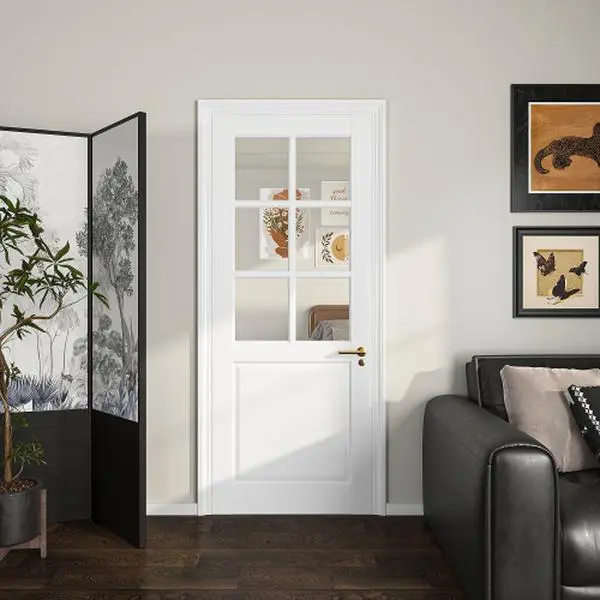 Linsy White 6-Lite Clear Glass French Door Slab, 24, 28, 30 or 32 in x 80 in, Solid Wood and MDF Shaker Interior Door for Closet Pantry Bedroom Kitchen, Preassembled, No Hardware, Paintable, Trimmable 0.5 in, Universal Slab, No Pre-Drilled Holes