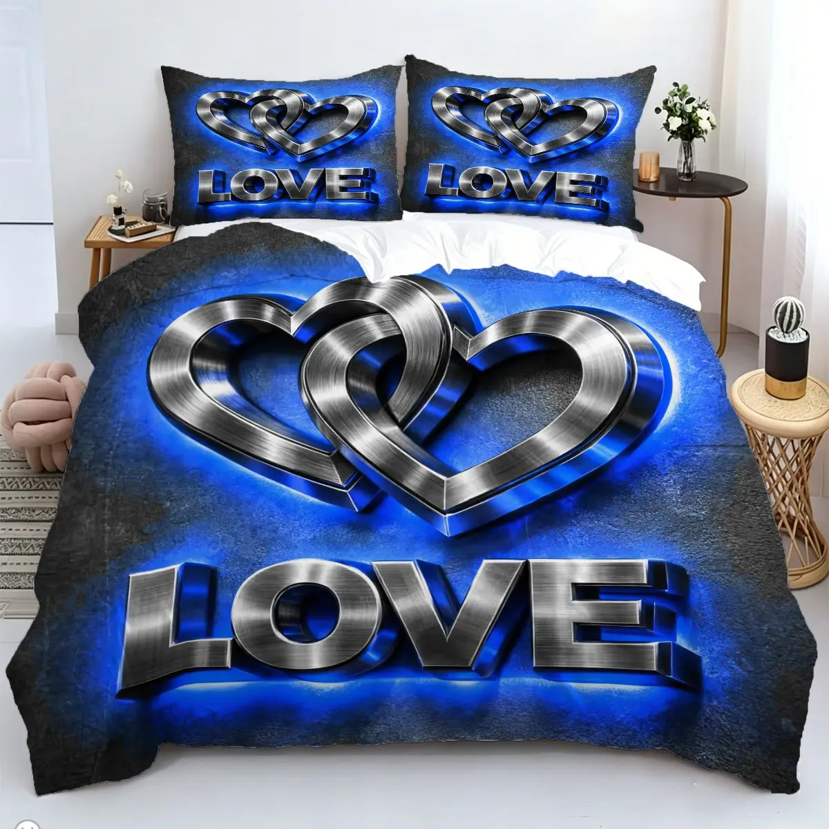 2/3Pcs 3D Blue Love Heart Print Duvet Cover Set, Stylish Metal Texture Romantic Bedding Set, Soft Breathable Microfiber Fabric, Modern Bedroom Decor  for Couples and Anniversary Gift, Includes 1 or 2 Pillowcase - No filling/Zipper Closure