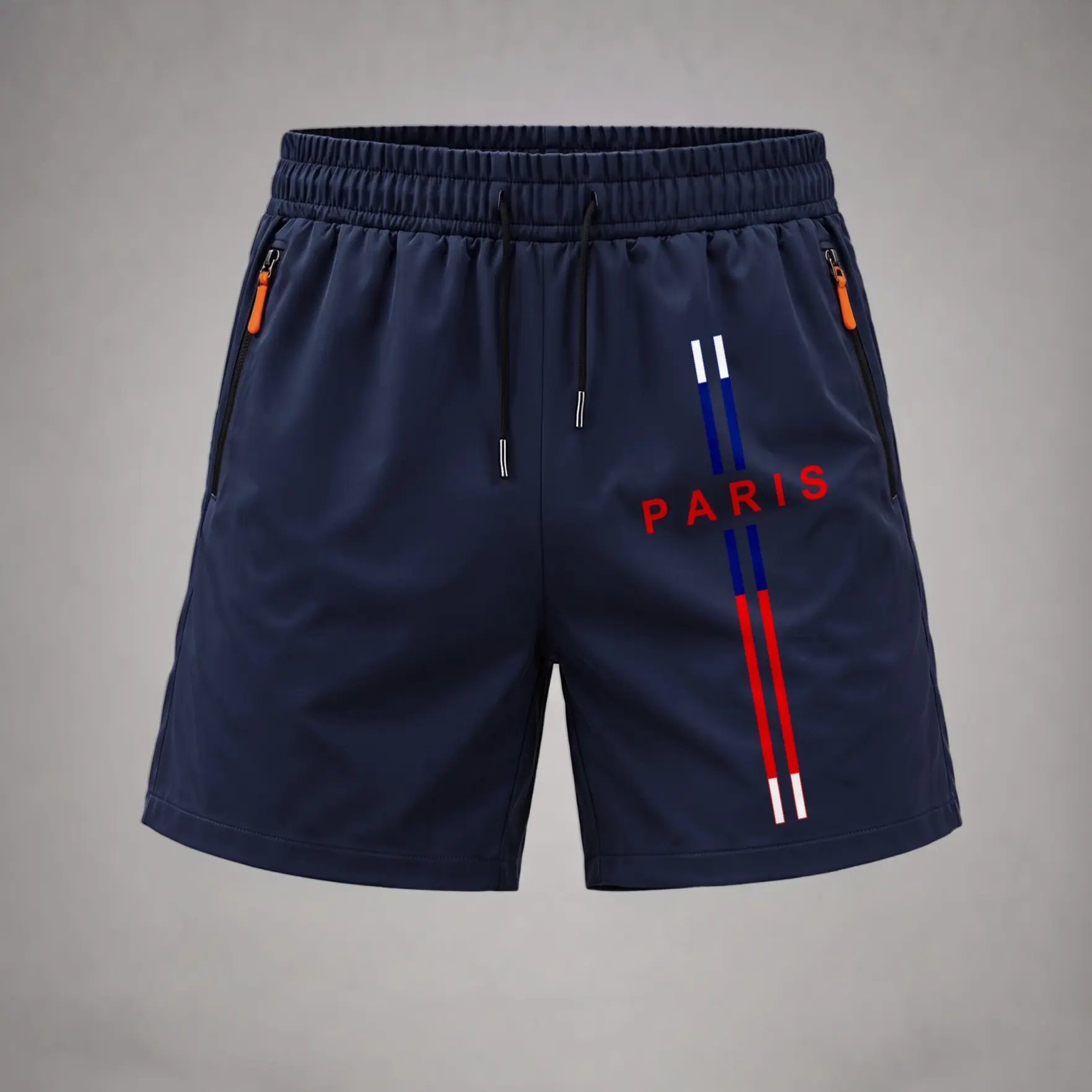 Men’s Summer Shorts Featuring Paris Inspired Graphic Print, Eye Catching Red and Blue Vertical Stripe Design, Trendy Casual Beachwear, Comfortable Fit Shorts for Travel, Outdoor Activities and Street Style Looks