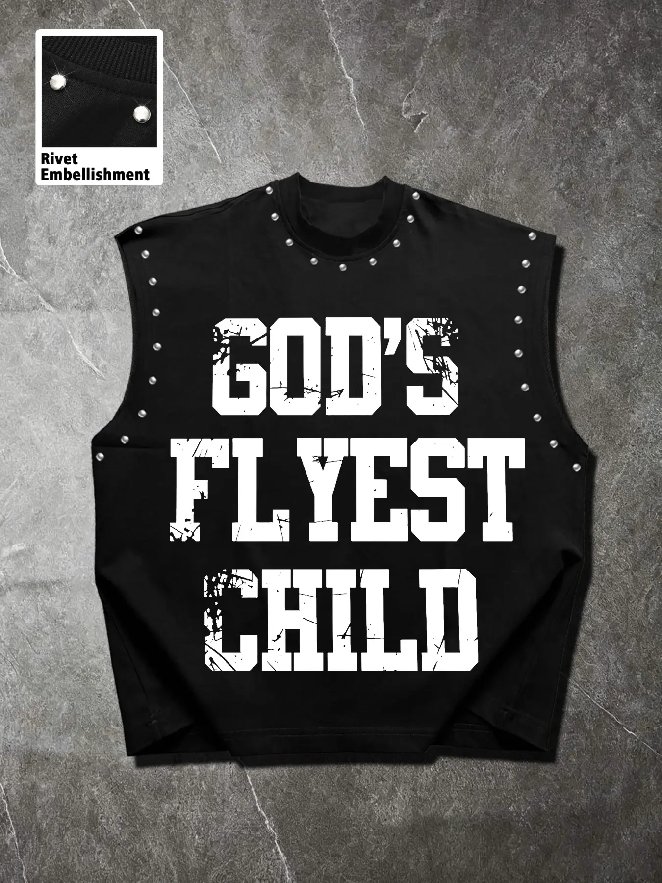 Punk Rivet Decor Sporty Tank Top, Vintage Distressed 'god's Favorite' Print Sleeveless Vest, Men's Summer Streetwear Fashion