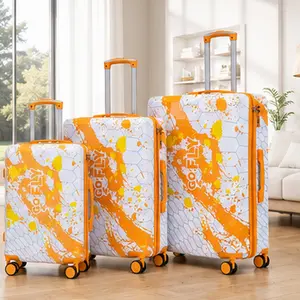 ARCH 20/24/28 Inch 3-Piece PC Spinner Wheel Luggage Set, Carry-On Suitcase with Combination Lock, Printed Pattern, Honeycomb Texture, Orange/Black/Blue/Pink Color Options, Durable Waterproof Hard Shell Travel Bag for Vacation, Business, Weekend Trips