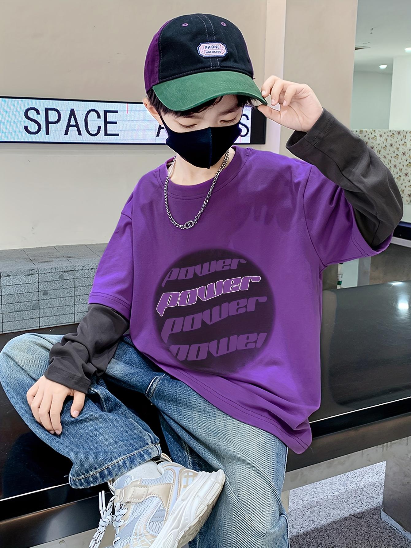 Boys' Two-Tone Long Sleeve T-Shirt - Purple & Color Block Streetwear Pullover with "POWER" Lettering, Drop Shoulder Casual Top for Spring/Fall Outdoor Sports, Spring Fall Apparel, Sporty Look, Durable Construction, Young Athletes, Streetwear Fashion