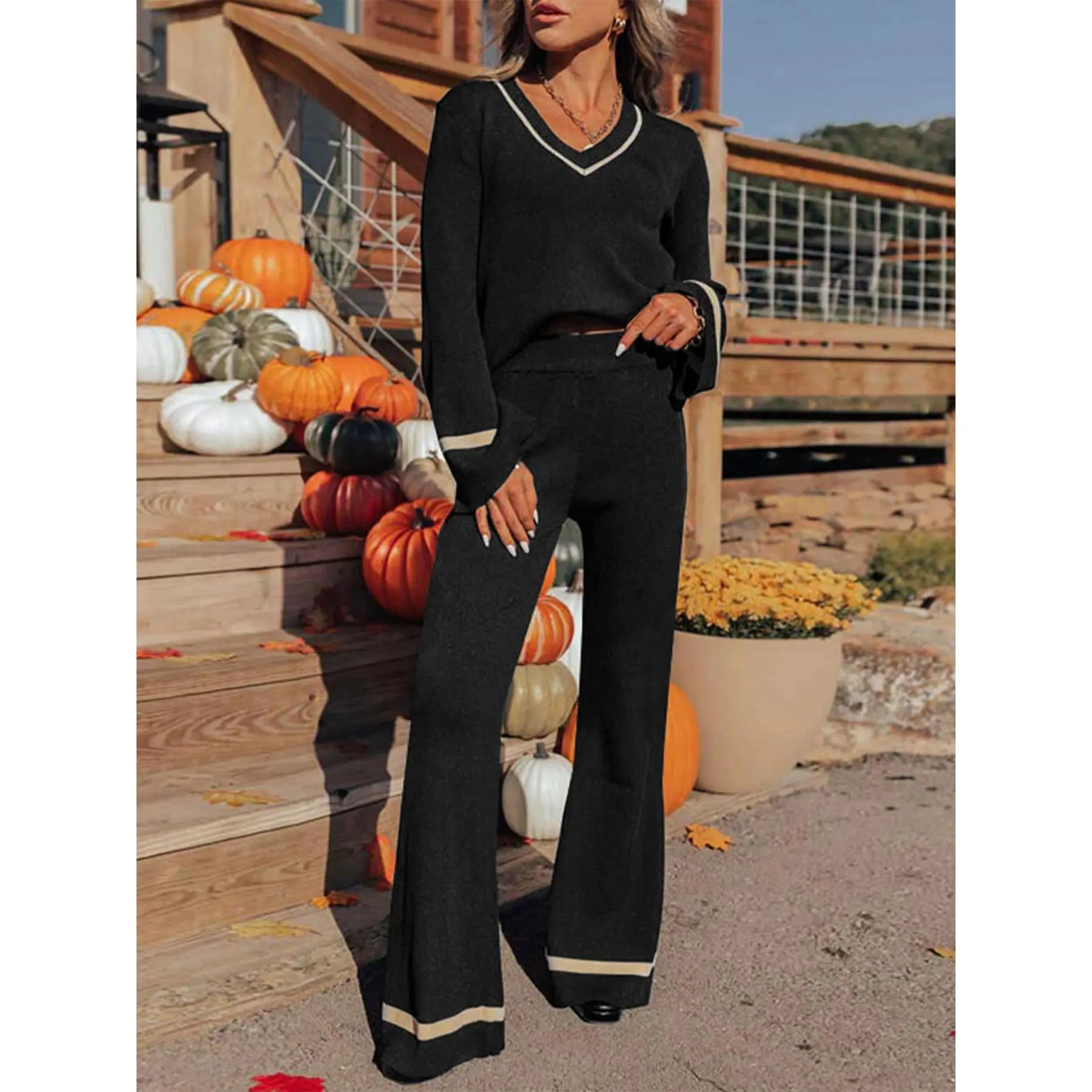 Women's 2-Piece Stretch Knit Matching Set, Light Stripes Trim, V-Neck Pullover + High-Waist Flared Trousers, Cozy Fall Outfit, Pullover+Trousers