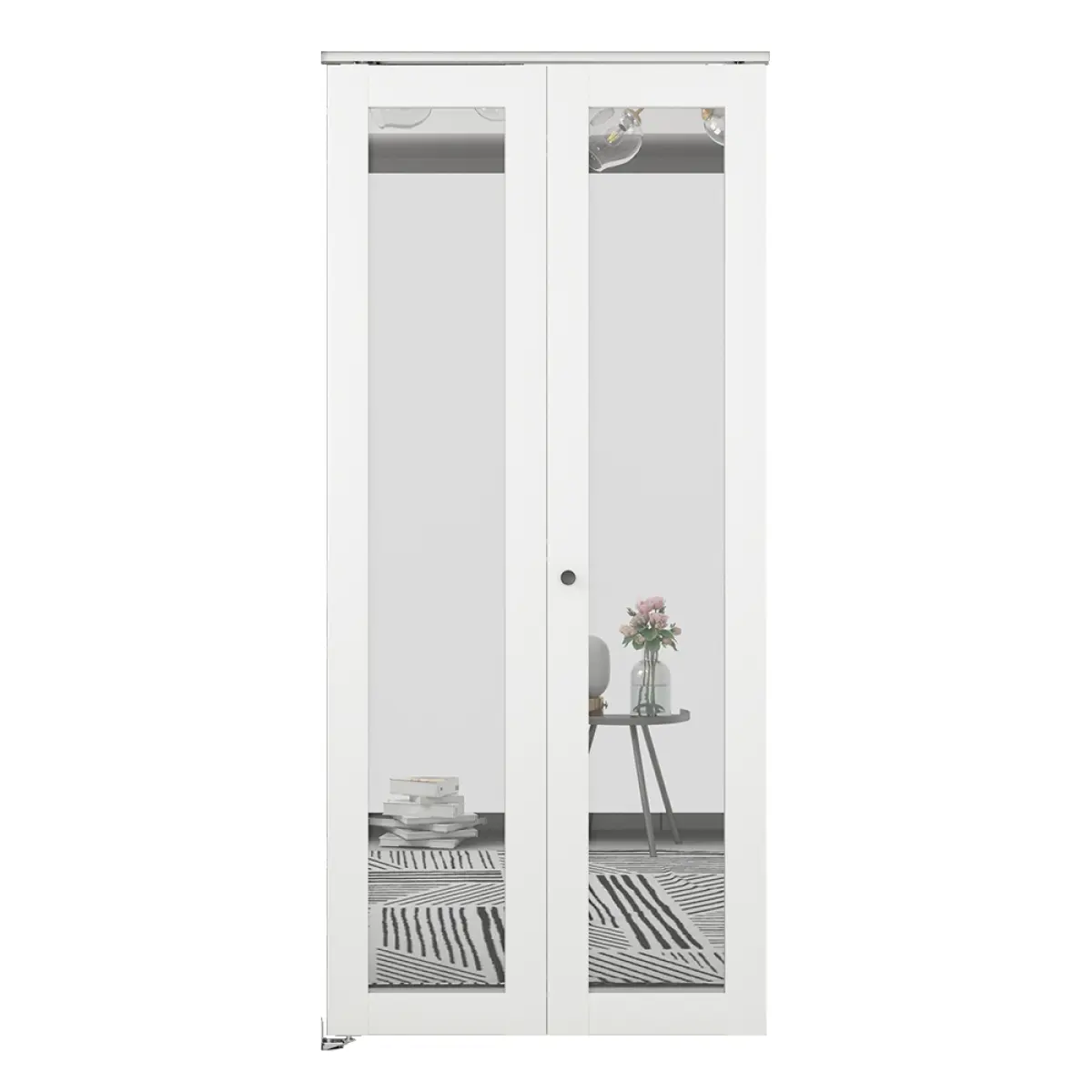 30-in x 80-in Mirrored Glass Solid Core White Composite Bi-Fold Door with Hardware Kit and Door Handle