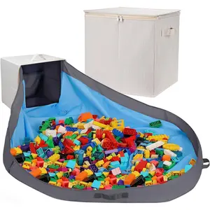 Toy Storage Organizer with Play Mat for Kids – 13" x 13" x 13" Stackable and Foldable Cubby Box Nursery Organizers, Storage Bins with Lid for Playroom (Cream Bamboo)