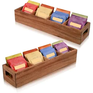 Wood Tea Bag Organizer with 4 Slots – Tea Bag Holder and Tea Organizer, Sugar Packet Storage for Countertops, Set of two