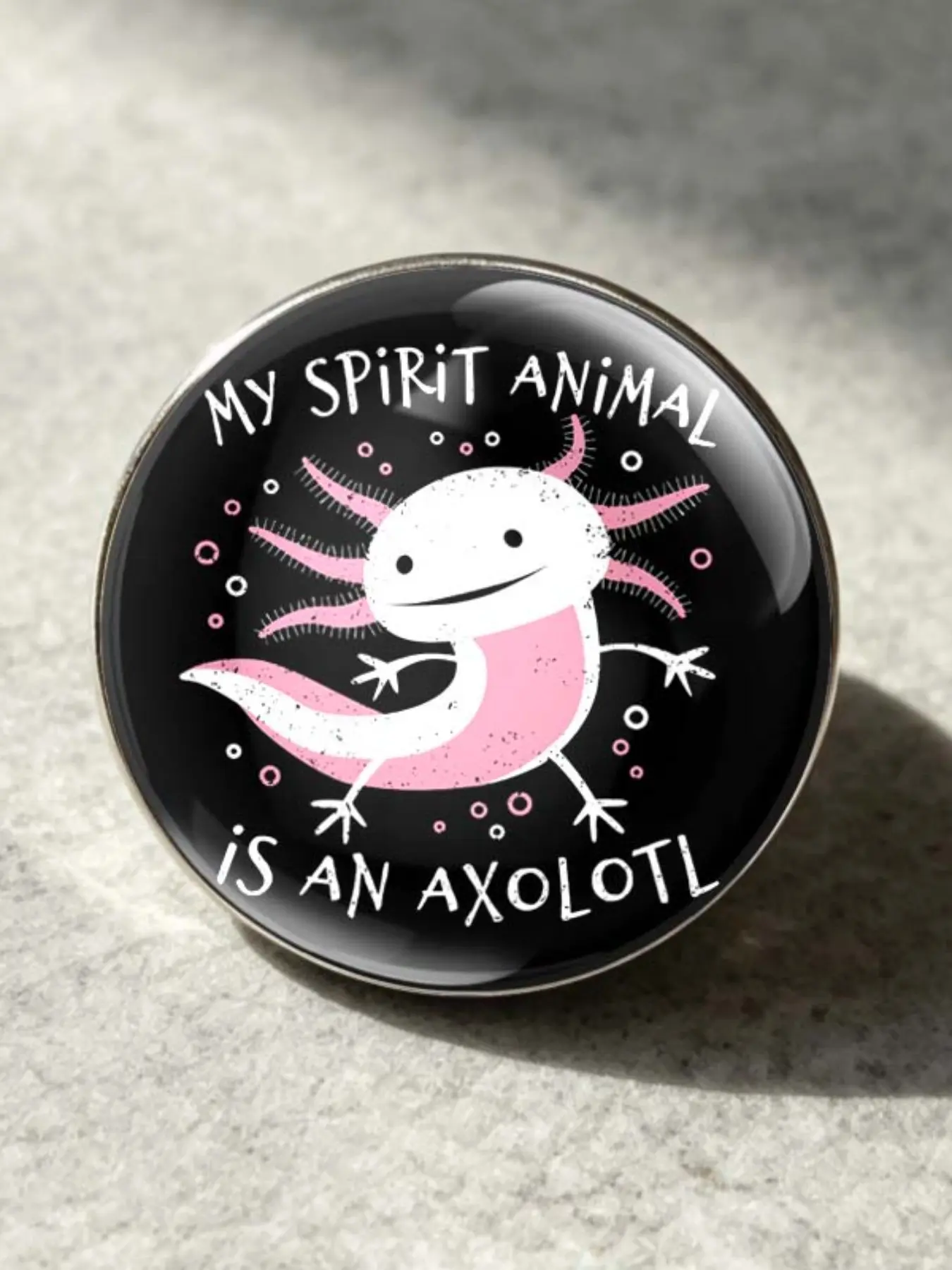 Mexican Axolotl Round Metal Alloy Pin, Base Cute Hexagon Dinosaur Cartoon Print, Fun Fashion Accessory for Daily Wear