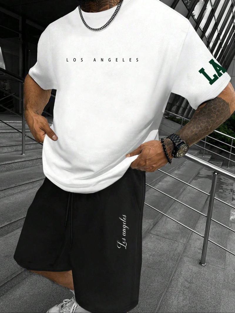Two-Piece Set Men's Letter Print Short Sleeve Tee & Shorts Set, Regular Fit Casual Round Neck T-shirt & Track Shorts, Men's Summer Clothes