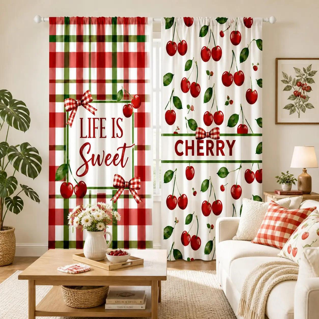 2pcs ins cherry plaid curtains with bow and letter print, girlish style bedroom, living room, study, children's room, semi blackout decorative curtains