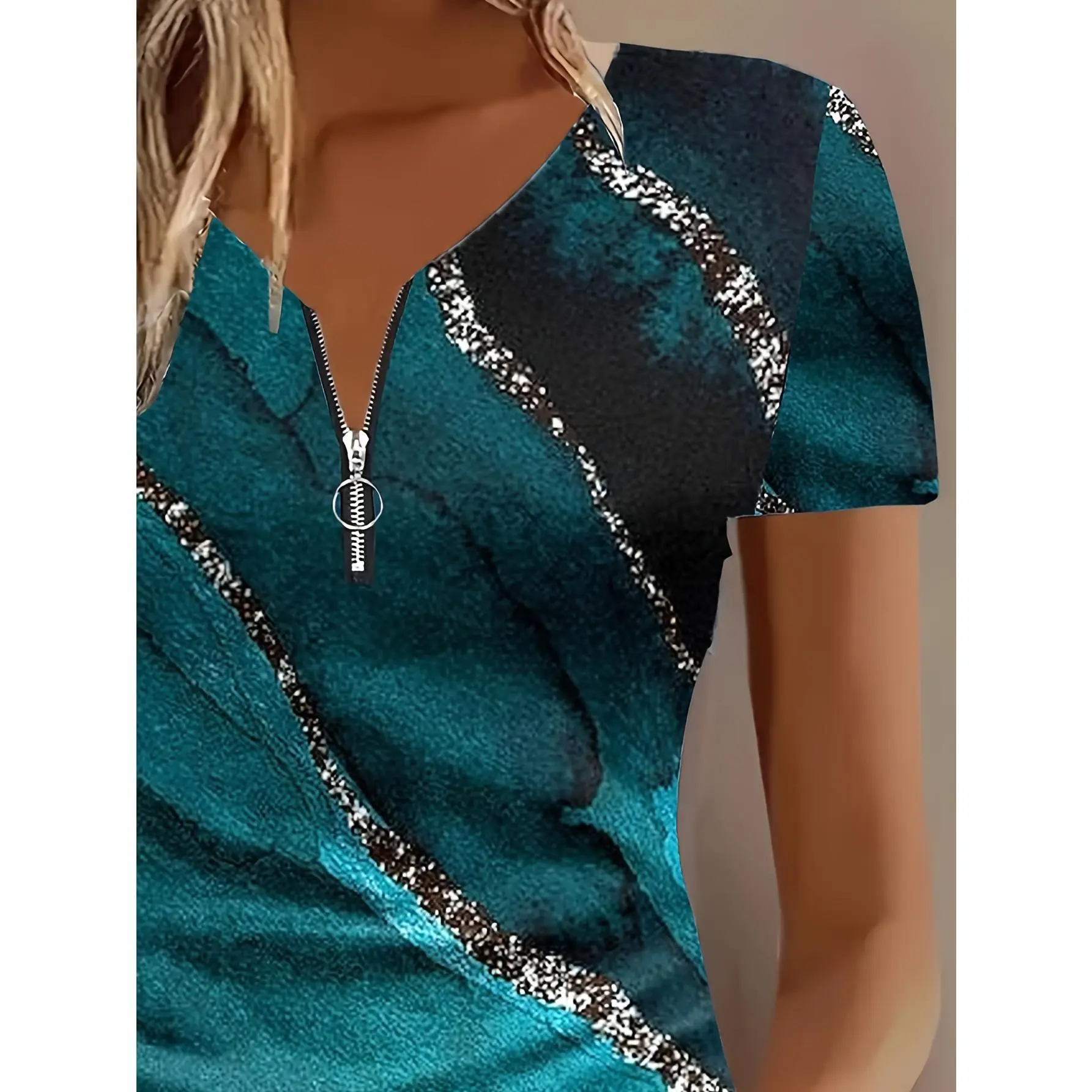 Women's Elegant Marble Print Top with Zipper Detail, Summer Short Sleeve Crew Neck Knit Pullover, Regular Fit, Tops, Knitwear, Shortsleeve, Fabric