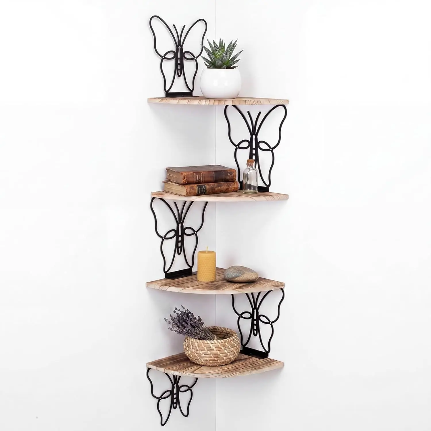 4 Tier Black Butterfly Wall Mount Corner Shelves Floating Corner Storage Wood Shelves Decorative Rustic Butterfly Wall Decor for Bedroom Living Room Bathroom Home Kitchen