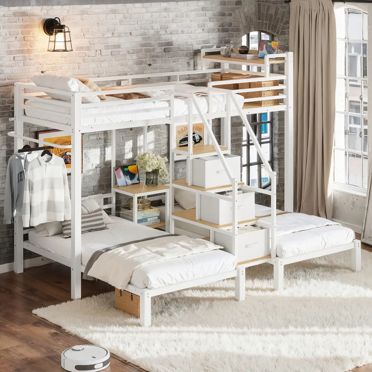 [Bellemave] Twin over Twin over Twin Triple Bunk Bed with Storage Stair Drawers and Removable socket, Heavy Duty Metal 3 Bed Frame for Adult and Teens