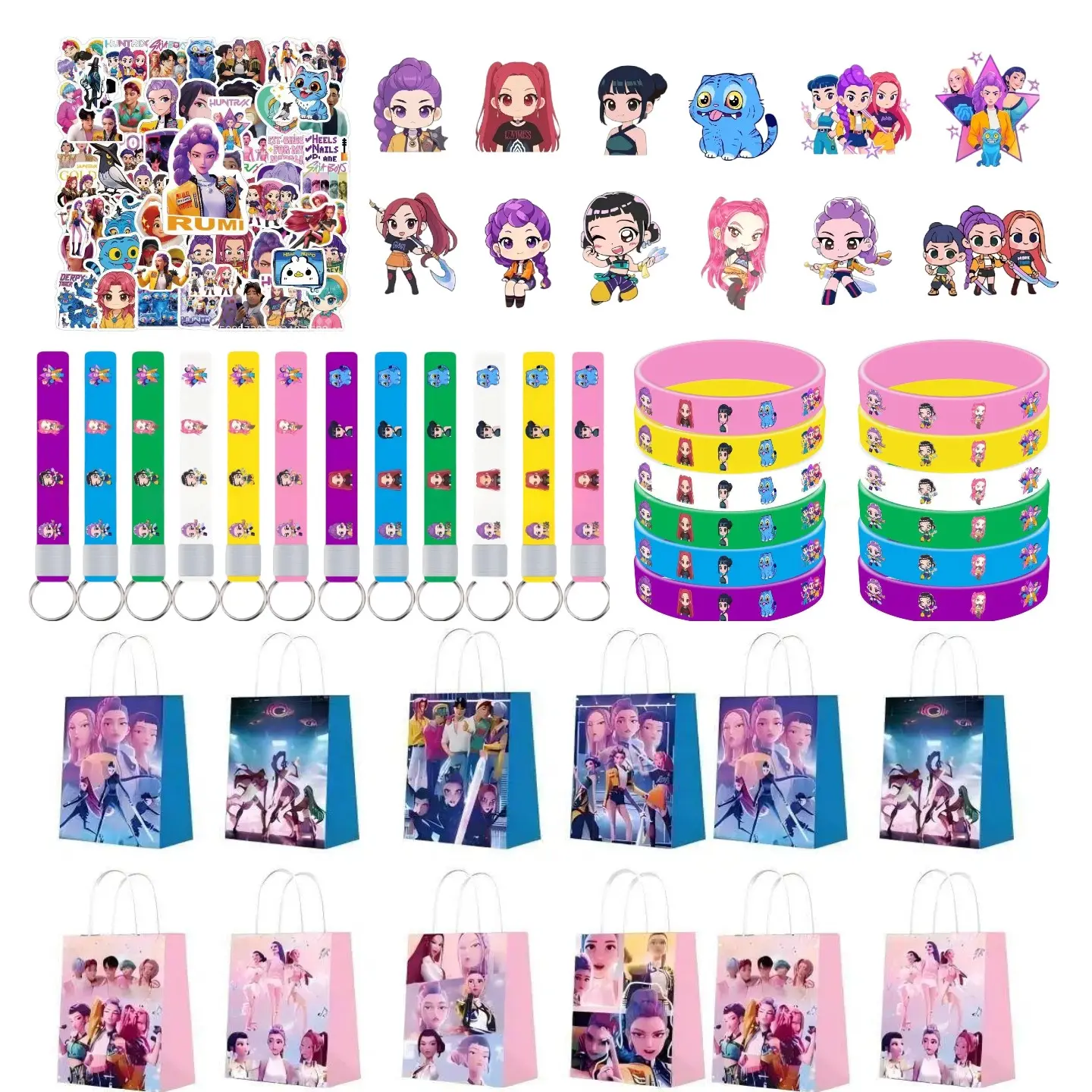 5 sets of Korean cartoon girl group party gift combo packs, perfect for party favors, including 12 keychains, 12 bracelets, 12 gift bags, 50 fridge stickers, and 12 badges. This is the perfect choice as a giveaway for parties.