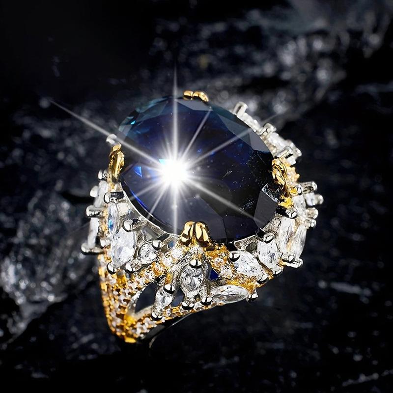Regal Two-Tone Statement Ring for Women | Large Marquise-Ellipse Simulated Sapphire Ring | Vintage Royal Court Luxury Jewelry | Bold High-End Fashion Accessory