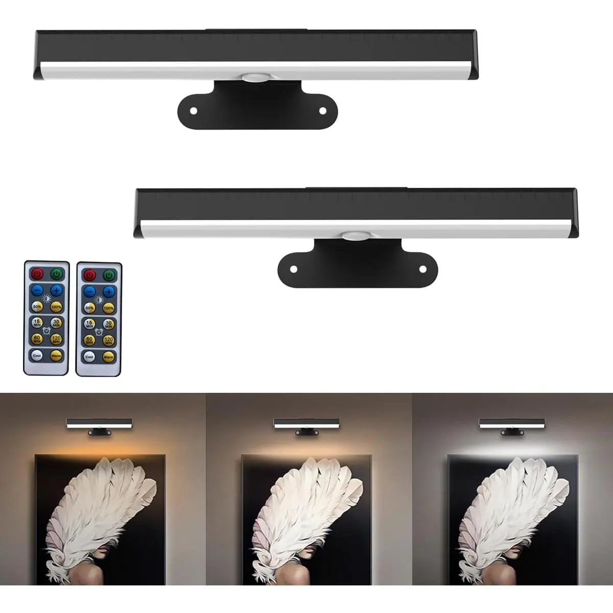 2PACK Picture Light LED Battery Operated Wall Light for Paintings,Wireless Dimmable Frame Light with Remote,3 Lighting Display Art Light Magnetic Timer Lights for Artwork Portrait Dartboard Wall Decor