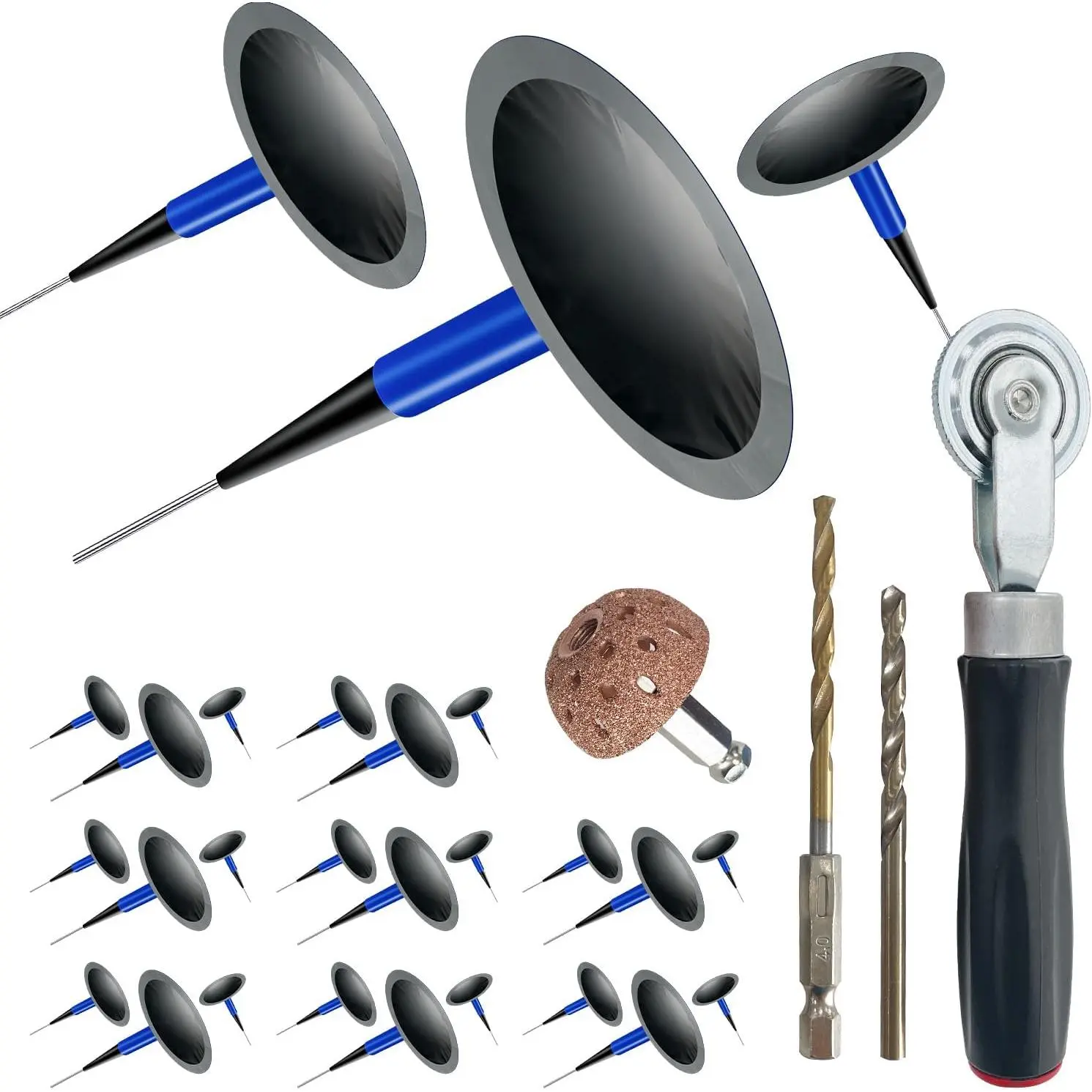 Tire Repair Patch Tool Kit Including 24pcs Tire Patch Plugs, Tungsten Buffing Wheel, Tire Patch Roller with 4mm Twist Drill Bits for Vehicle