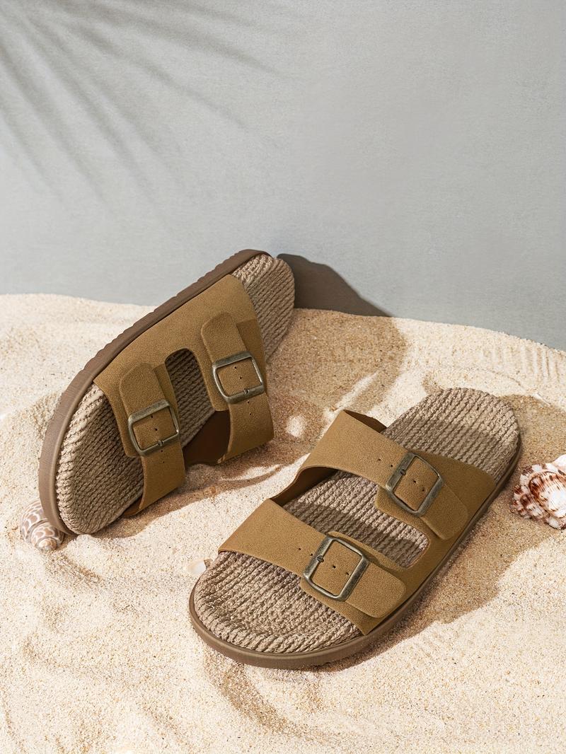 Men's Retro Solid Color Open Toe Breathable Slippers, Comfortable and Non-Slip Durable Double Buckle Strap Sandals, Men's Footwear