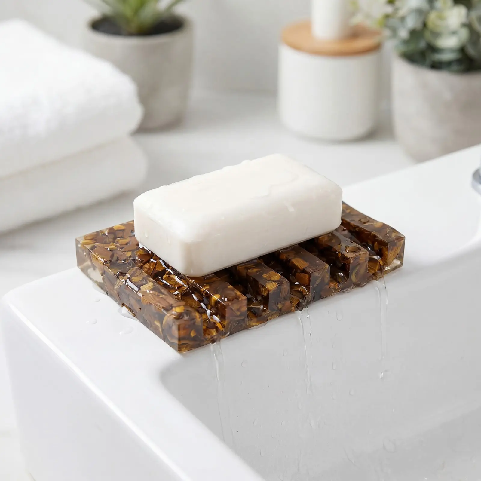 Handmade Tiger Eye Stone Soap Dish, Single Drainage, Bathroom Decor, Natural Soap Holder, Keeps Soap Dry, Resin Kitchen Accessory, Soap Dish With Drainage