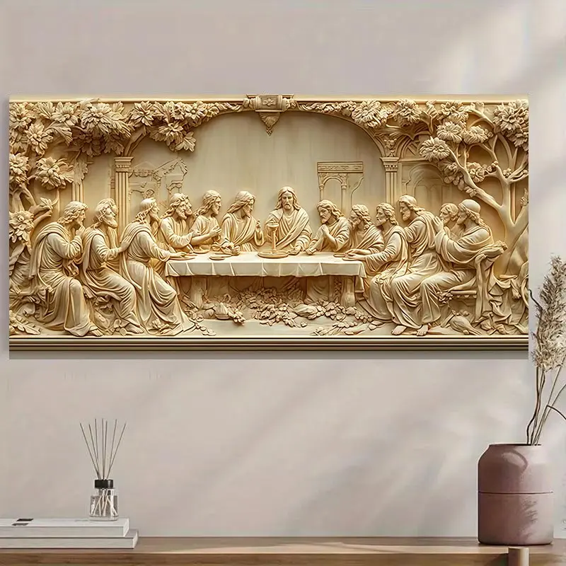 2D Flat Piece 50* 100cm Modern Abstract Frameless "The Last Supper" Relief Sculpture Print Art Wall Painting Modern Canvas Poster Wall Decor for Living Room and Bedroom Decoration Frameless Painting, Unframed Art Print, 2D Flat