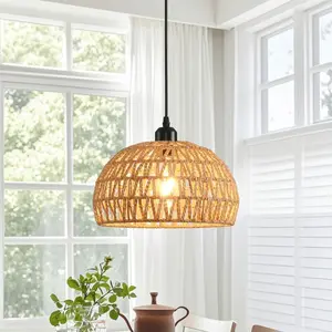 Rattan Rope Pendant Light, Woven Basket Lamp Shade for Kitchen Island, Dining Room, Living Room, Bedroom, E27 E26 Socket, No Bulb Included