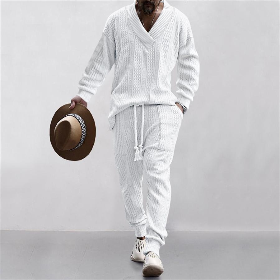 KZZ Christmas White Vneck Men's Two-piece Set Solid Jacquard Drop Shoulder Top & Drawstring Waist Pants Regular Fit Casual Formal Fashion Long Sleeve Pullover & Pocket Trousers for Daily Wear christmas gifts for him SpringStatements