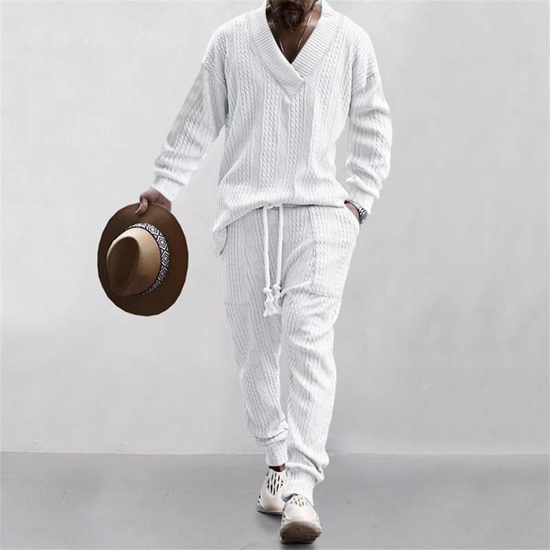 KZZ Christmas White Vneck Men's Two-piece Set Solid Jacquard Drop Shoulder Top & Drawstring Waist Pants Regular Fit Casual Formal Fashion Long Sleeve Pullover & Pocket Trousers for Daily Wear christmas gifts for him