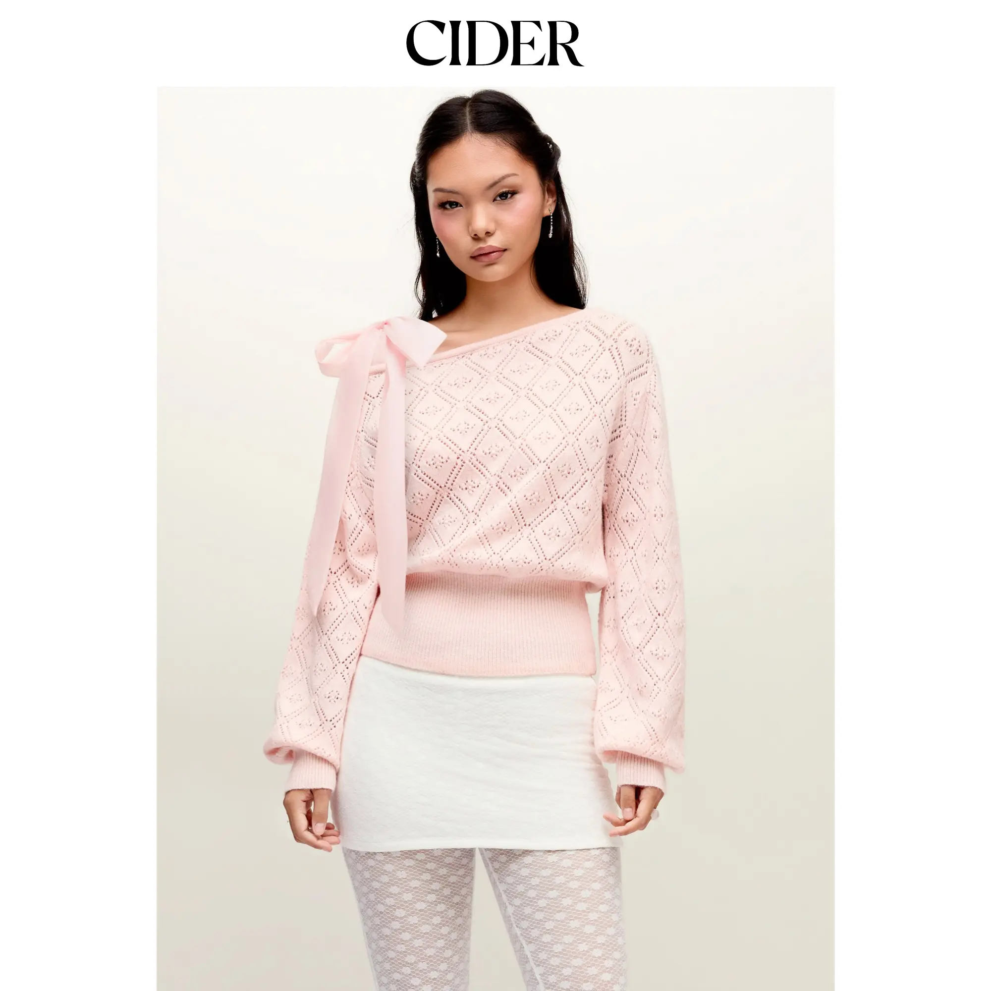 Cider Knit Pointelle Asymmetrical Neck Puff Sleeve Bowknot Top
