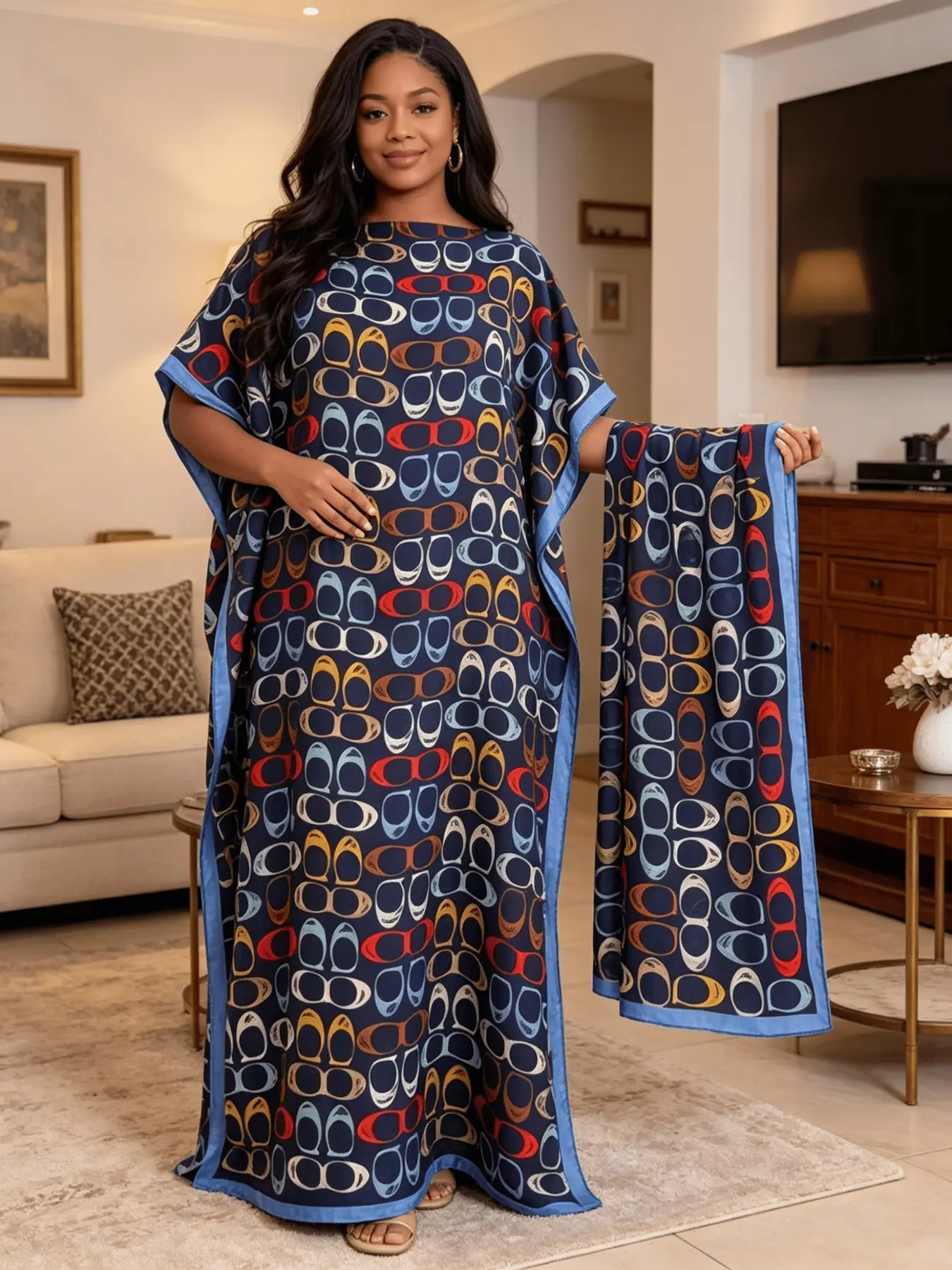 Navy Blue Multi-Color Sunglass Print Kaftan Two Piece Set With Matching Scarf, Oversized Split Hem Maxi Robe, Soft Casual Loungewear Beach Night Dress, Fits Plus Size Curvy Figures