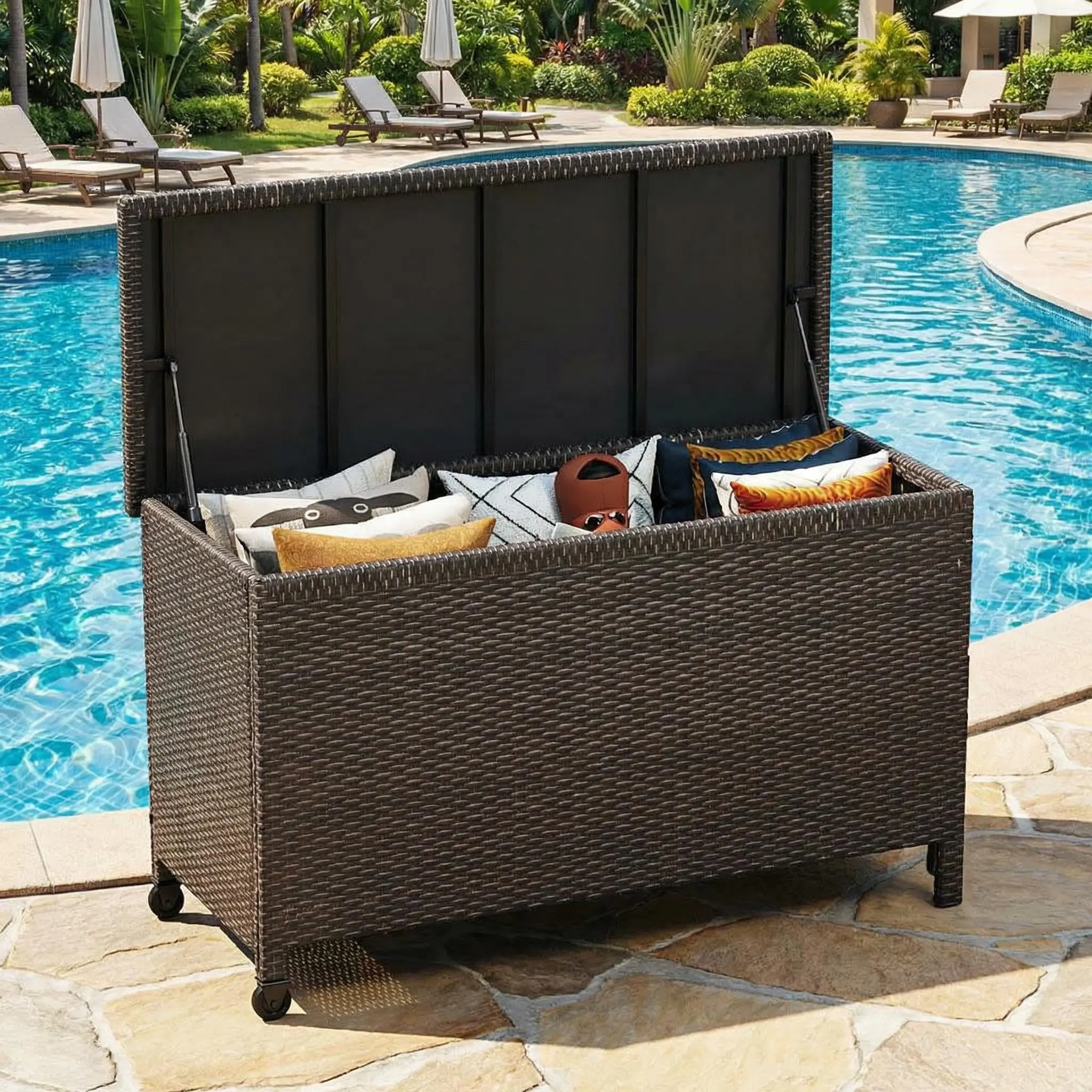 125-Gallon Capacity Brown Rattan Outdoor Storage Chest - Low-Maintenance, Rectangular, Waterproof Inner Liner, Gas Lift Struts, Assembly Required, Multipurpose Deck/Poolside Storage Bench for Patio Cushions, Garden Gear (Usable Indoors)
