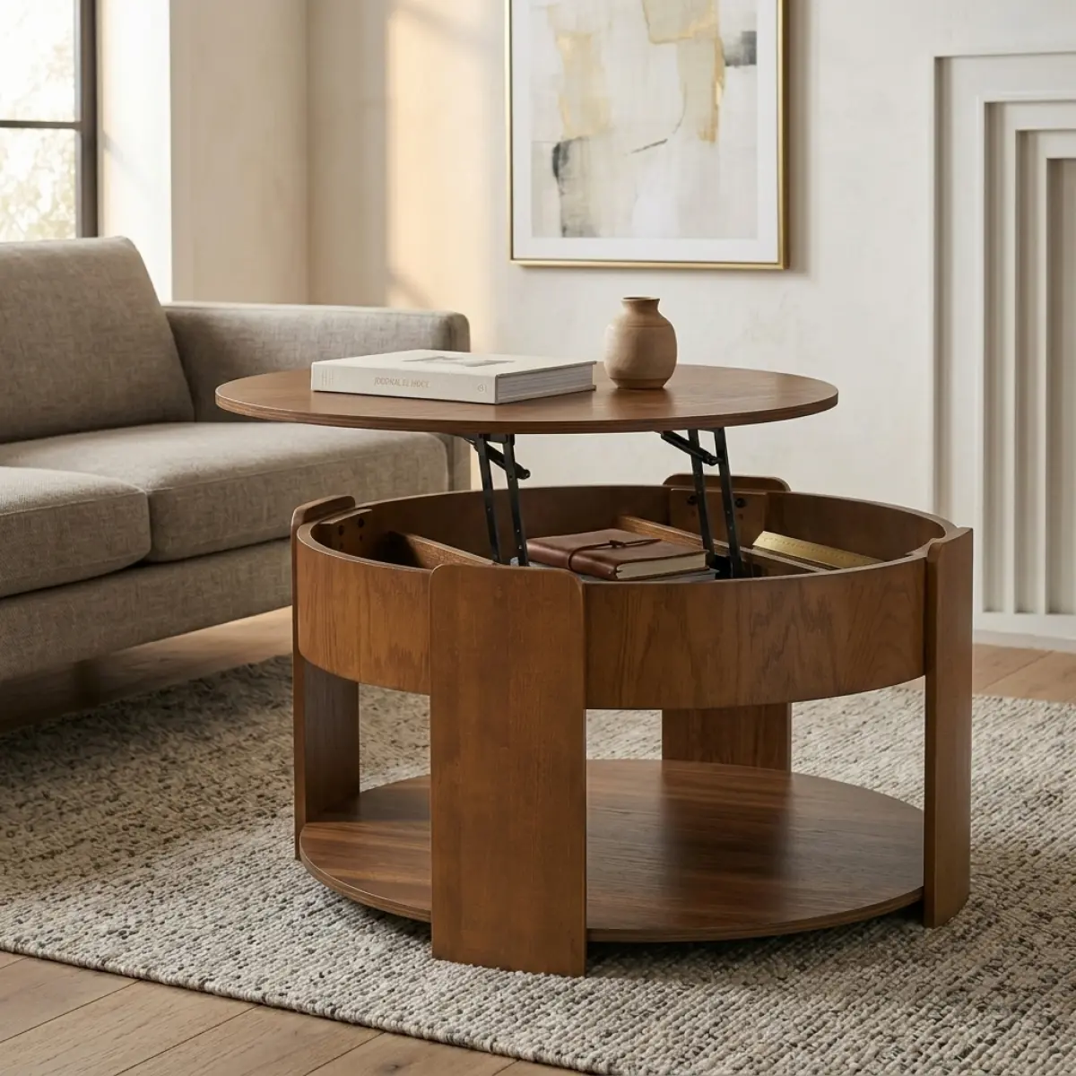 VIBE HAUS Farmhouse Round Lift Top Coffee Table with Hidden Storage, Adjustable Height Modern Minimalist Round Cocktail Table, Multi-Function Center Accent Table for Small Space Living Room Apartment   WL RR