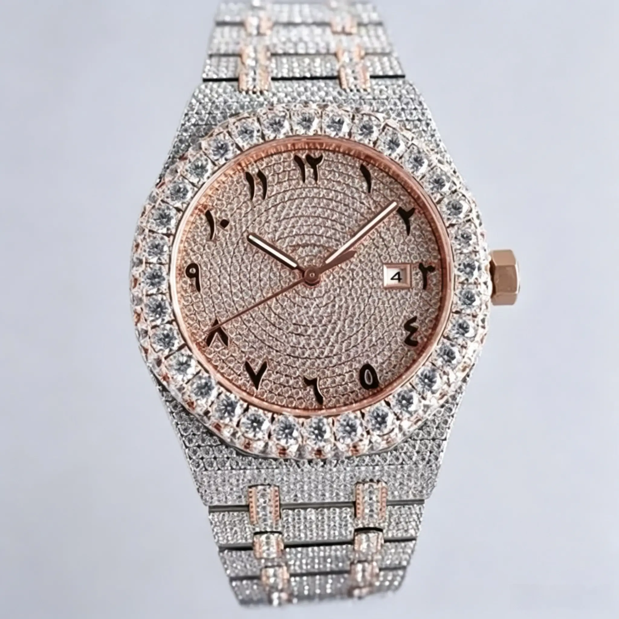 Full Iced Quality Rhinestone Wristwatch with Automatic Waterproof Feature Round Face Design Arabic Numerals 22mm Band 30cm Length