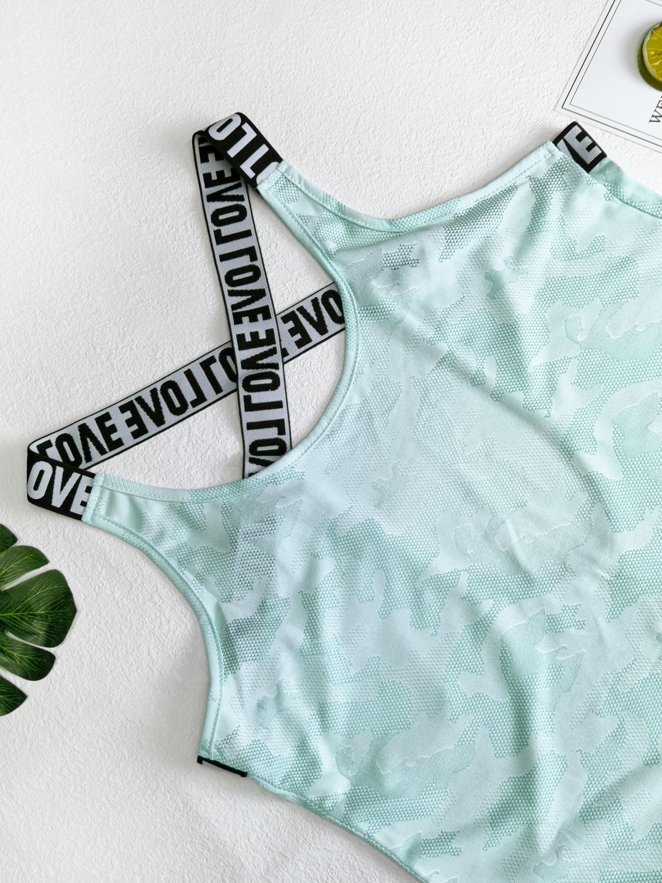 Sporty Women's Camo Print Letter Tape Sports Vest, Sport Criss Cross Cut Out Tank Top, Sporty Cami Top, Ladies Sportswear for Summer