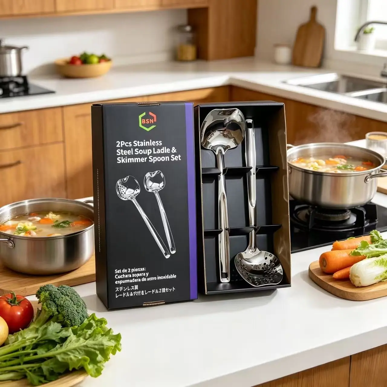 2 Piece Stainless Steel Kitchen Set, Mirror Finish Thick Soup Ladle Strainer, Anti-Scald Long Handle, Rust Resistant, Easy Clean, Versatile Use