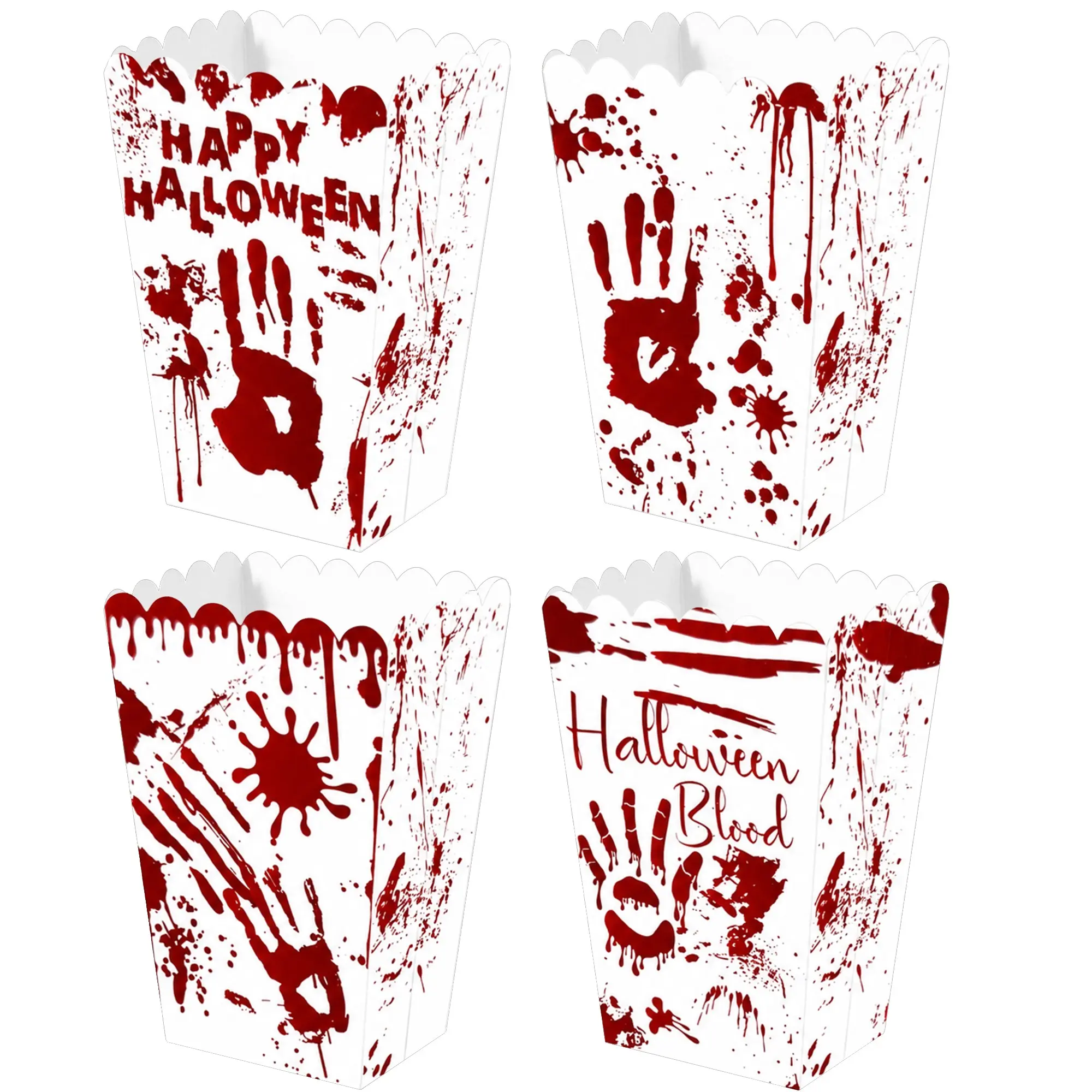 12Pcs Halloween Spooky Popcorn Boxes Trick Or Treat Skeleton Blood Handprint Paper Snack Candy Containers for Halloween Party Supplies