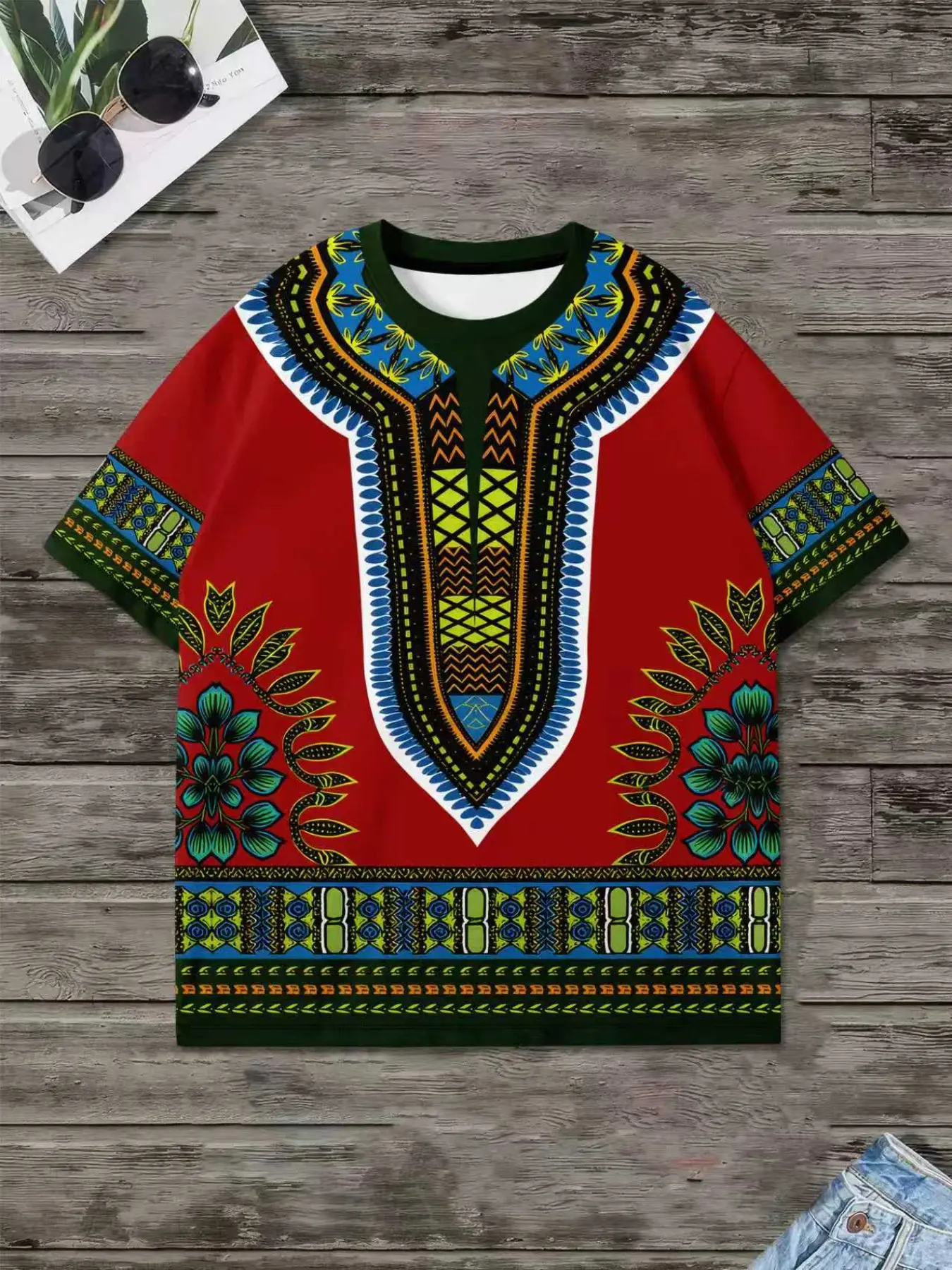 Men's Round Neck African Ethnic Cultural Style Dashiki Geometric Floral Print Short Sleeve T-Shirt, Loose Bohemian Streetwear, Breathable Summer Tee