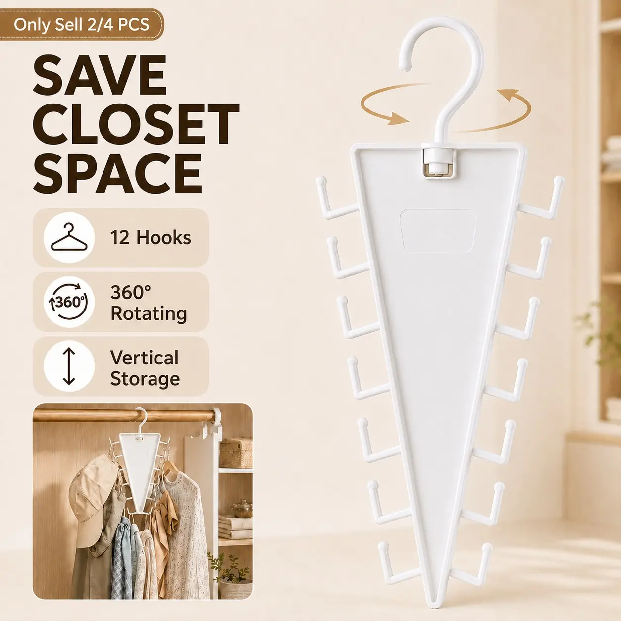 2/4 PCS V Shaped Double-Sided Closet Organizer Hanger, 360° Rotatable Multi-Layer Clothes Storage Rack with 12 Hooks, Space Saving Vertical Wardrobe Hanger for Shirts, Jackets, Pants and Home Organization