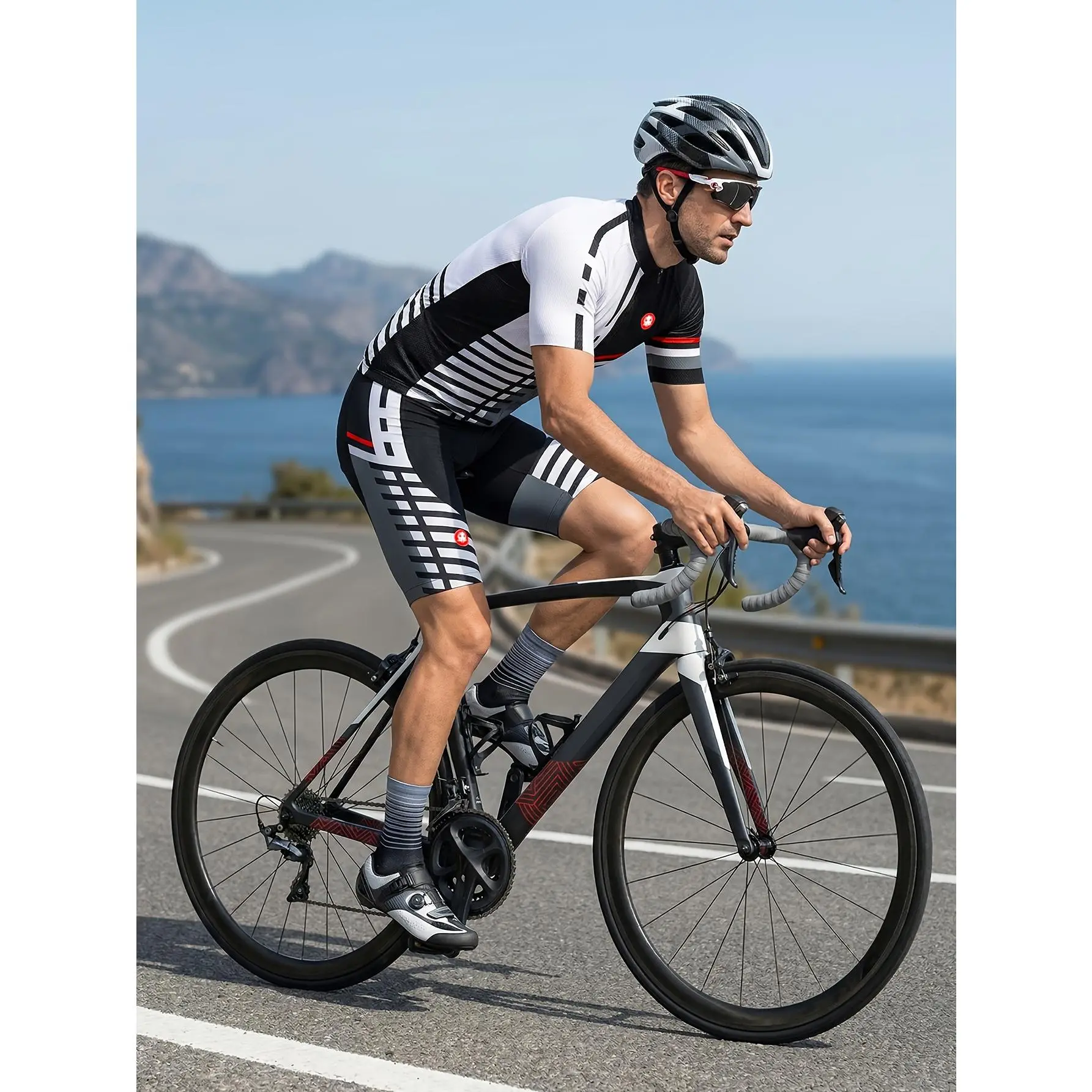 Men's fluorescent green geometric-patterned comfortable cycling set, featuring a breathable bike vest and quick-drying compression shorts with three back pockets and 20D thick padding liner