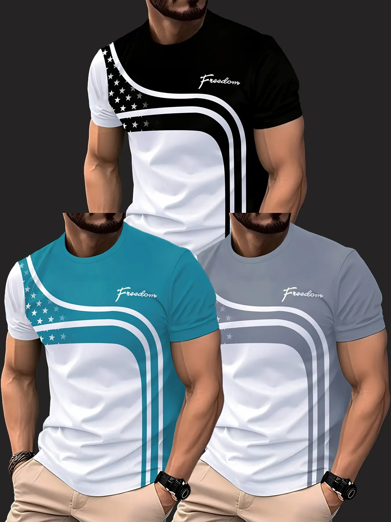 3-Pack New Men's Fashion Casual Round Neck Short Sleeve T-Shirts, Slim-Fit Long Tee, All over Print, Spring & Fall Wear Tops