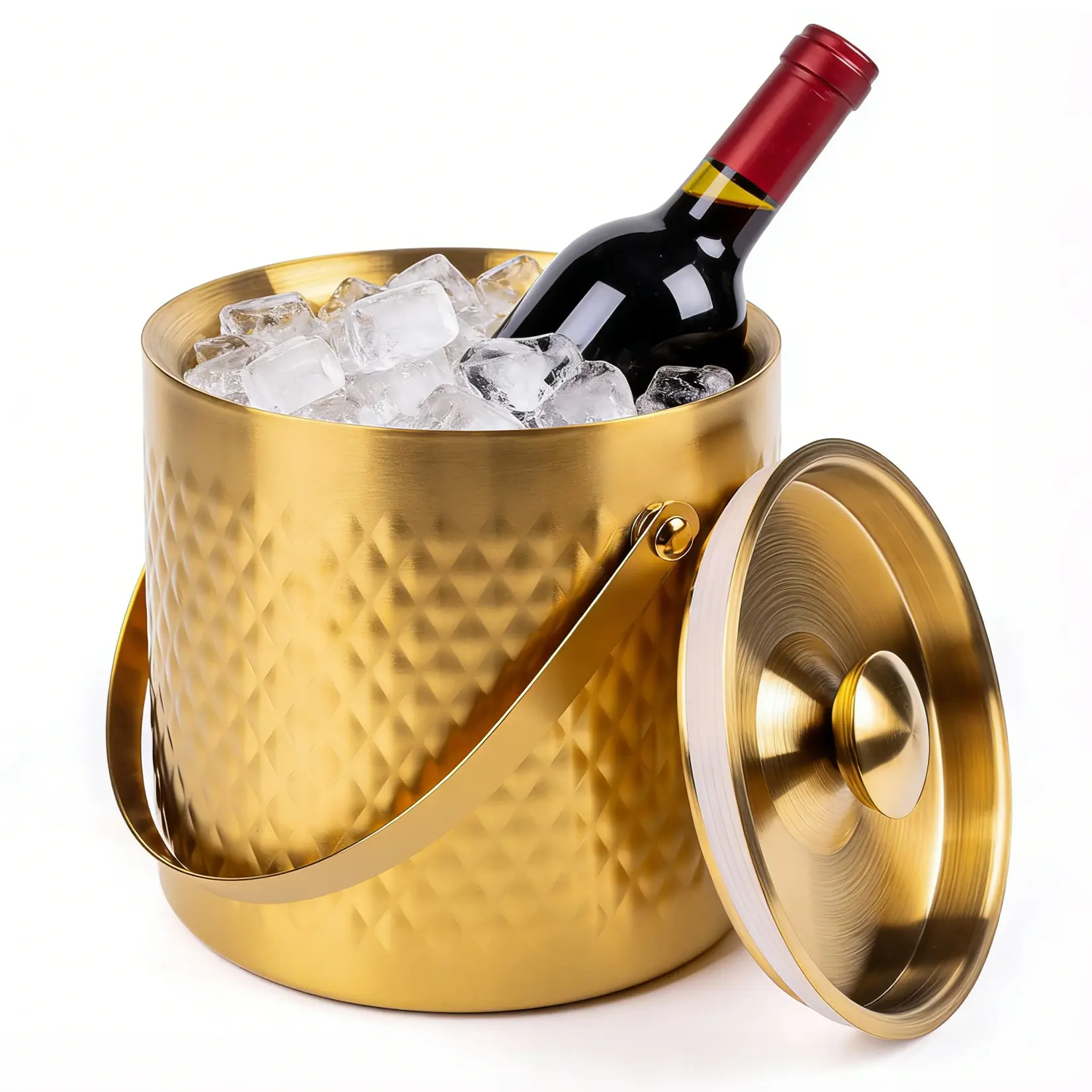【GAOMON】3L Stainless Steel Ice Bucket with Lid, Golden Diamond Pattern Champagne Cooler for Wine Beer, Insulated Party Bar Accessory, Portable Handle, Home Decor Gift