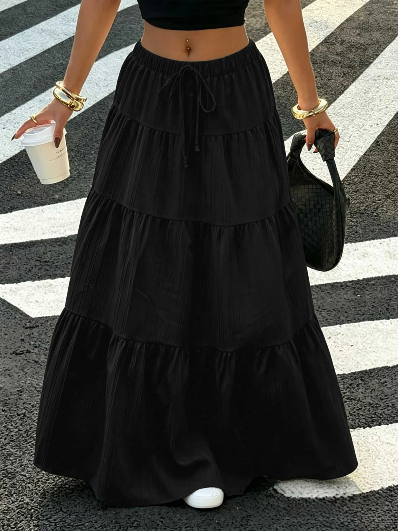 Women's Solid Black Textured Tiered Ruffled Hem Maxi Skirt, Elastic Adjustable Drawstring High Waist Flowy Ruffle Long Skirt, Lightweight Loose Fit A Line Floor Length Skirt, Cover Up Skirt for Daily Street Vacation Beach Casual Wear