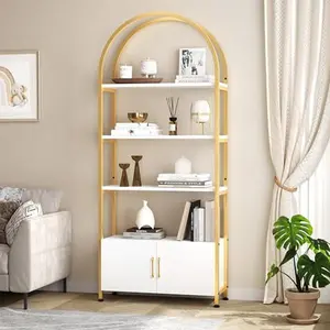 GARVEEArched Bookshelf, 71.5 Inches Tall Industrial and Modern 4-Tier Bookcase with Doors, Sturdy Metal Frame, Quality Boards, Freestanding Display Shelving in Gold, Black, and White
