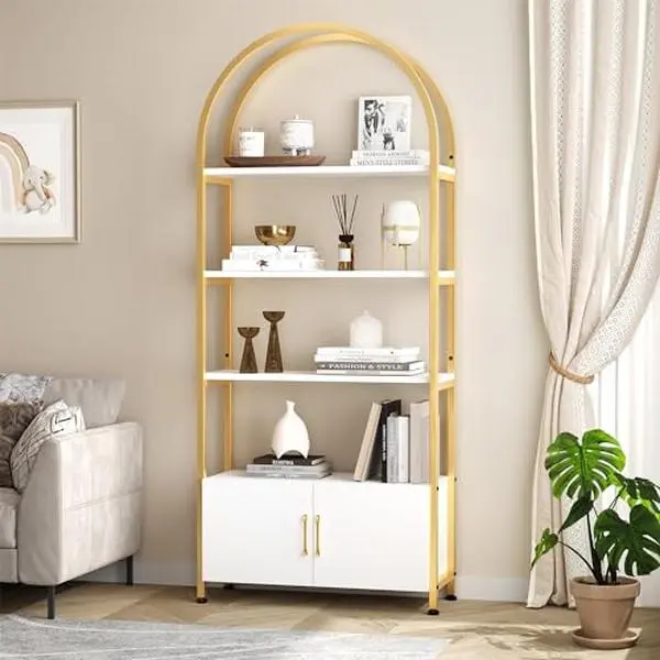 GARVEEArched Bookshelf, 71.5 Inches Tall Industrial and Modern 4-Tier Bookcase with Doors, Sturdy Metal Frame, Quality Boards, Freestanding Display Shelving in Gold, Black, and White