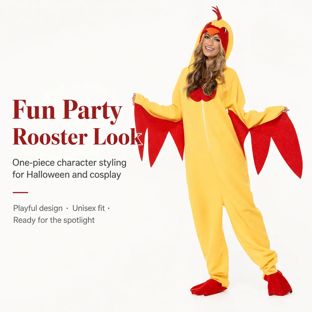 Adult Fleece Rooster Costume, Funny Unisex Hooded 1-Piece Jumpsuit with Zipper for Halloween Cosplay Party