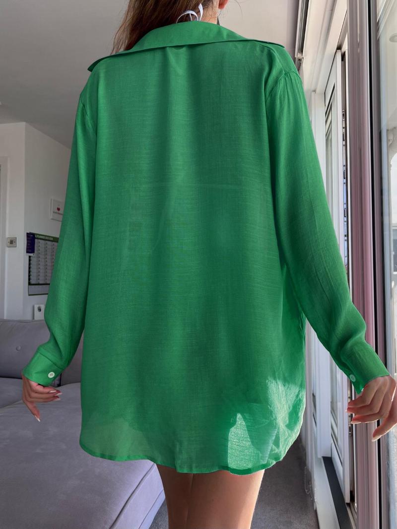 Women's Solid Button-Front Pocket Sheer Cover-Up Shirt & Shorts Set, Casual Drop-Shoulder Long-Sleeve Top & Shorts for Beach Vacation, Ladies Summer Swimwear Clothes