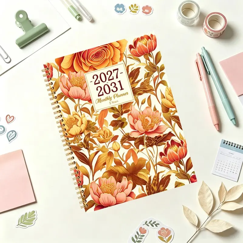2027-2031 Monthly Planner/Calendar - January 2027 to December 2031, 5-Year Monthly Planner Journal, Orange-Red Tropical Flower Theme Cover Design Notebook, Yearly Calendar Planning, Monthly Tabs, 60-Month Calendar, 5.5 x 8.3 Inches Thick Paper, Elastic Co