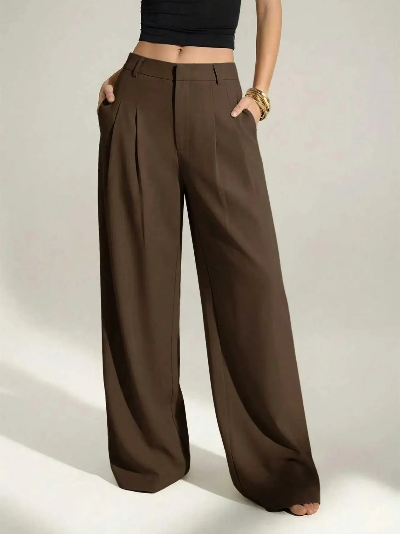 Women's Plain Mid-Waist Buttoned Pleated High Waist Wide Leg Pants, Loose-Fitting Business Casual Trousers for All Seasons