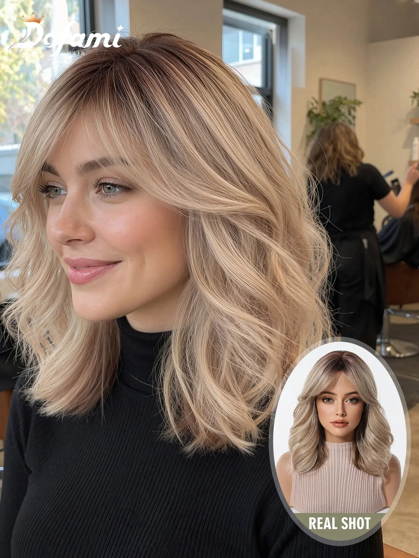 Root Gold Short Wavy Synthetic Wig for Women, French Layered Bangs, Voluminous Lockbone Curl, Non-Adhesive, European Style, Glueless Wavy Wig